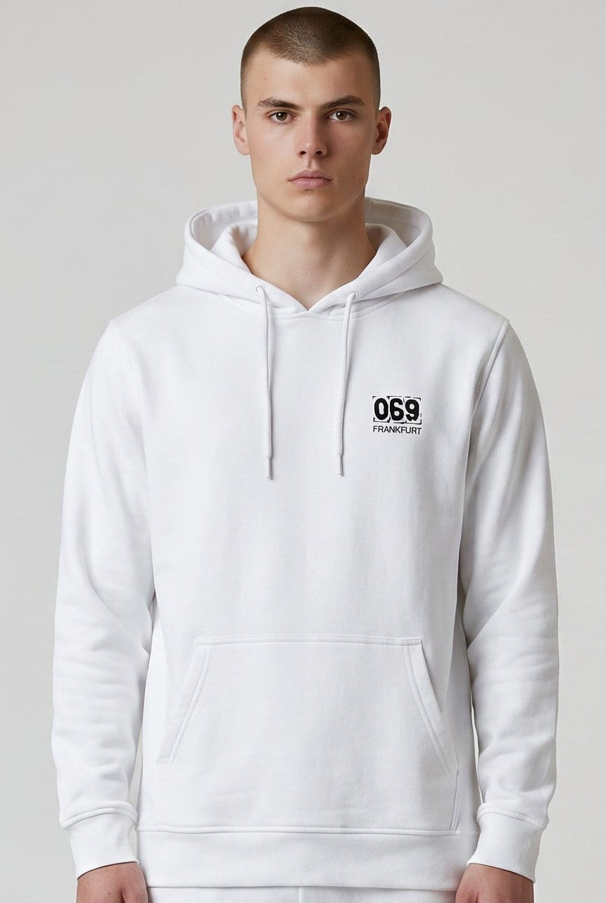 „069“ MINI PRINT HOODIE – PURE WHITE