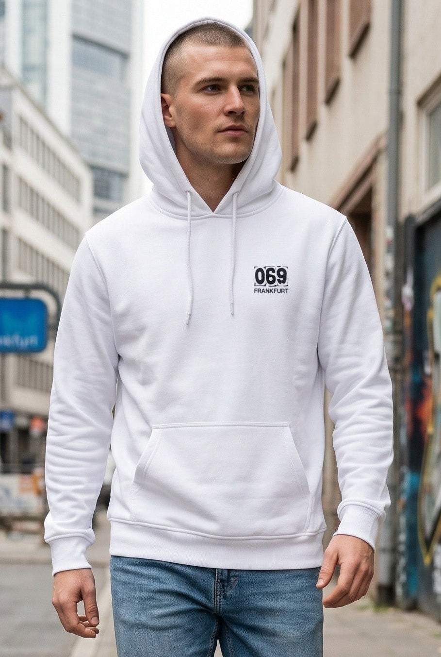 „069“ MINI PRINT HOODIE – PURE WHITE