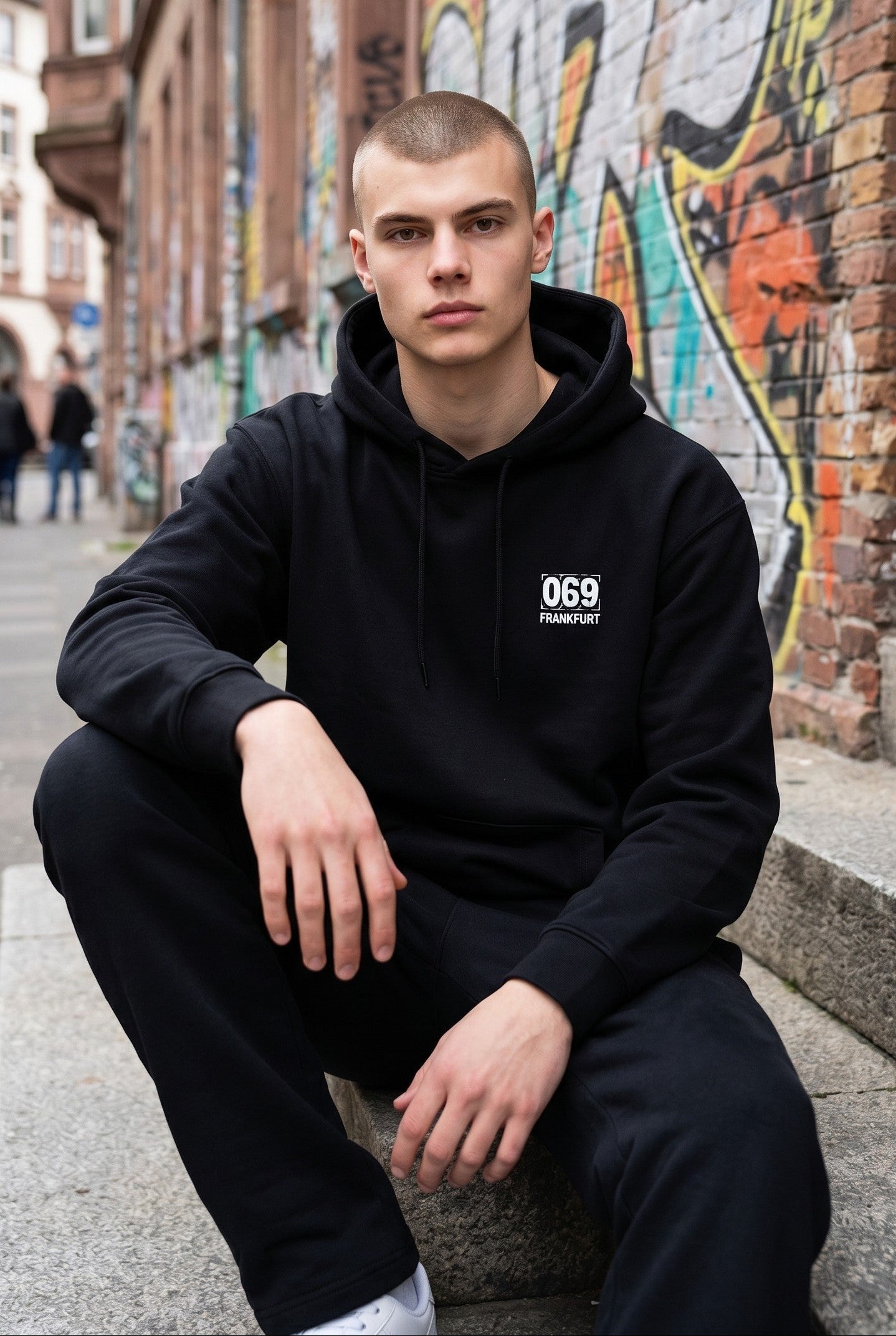„069“ MINI PRINT HOODIE – DEEP BLACK